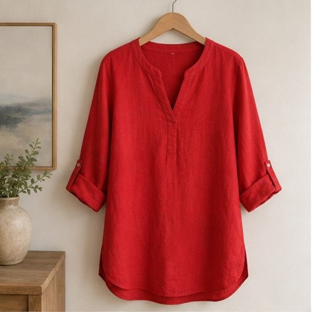 Red Split Neck Tunic Blouse